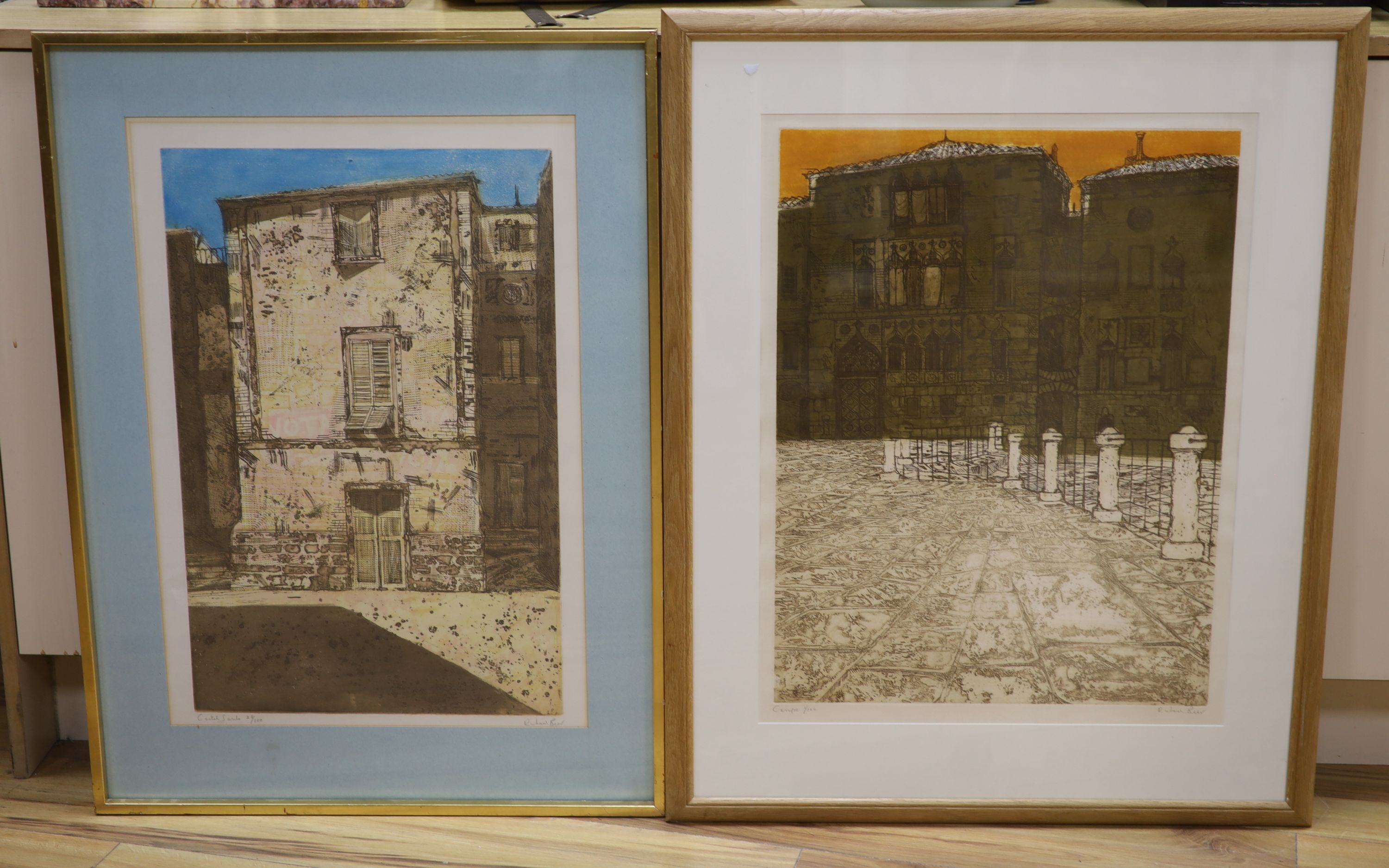 Richard Beer (1928-2017), two coloured etchings, Campo, 1/100 and Castel Sardo, 28/100, signed in pencil, 65 x 45cm, frames differ